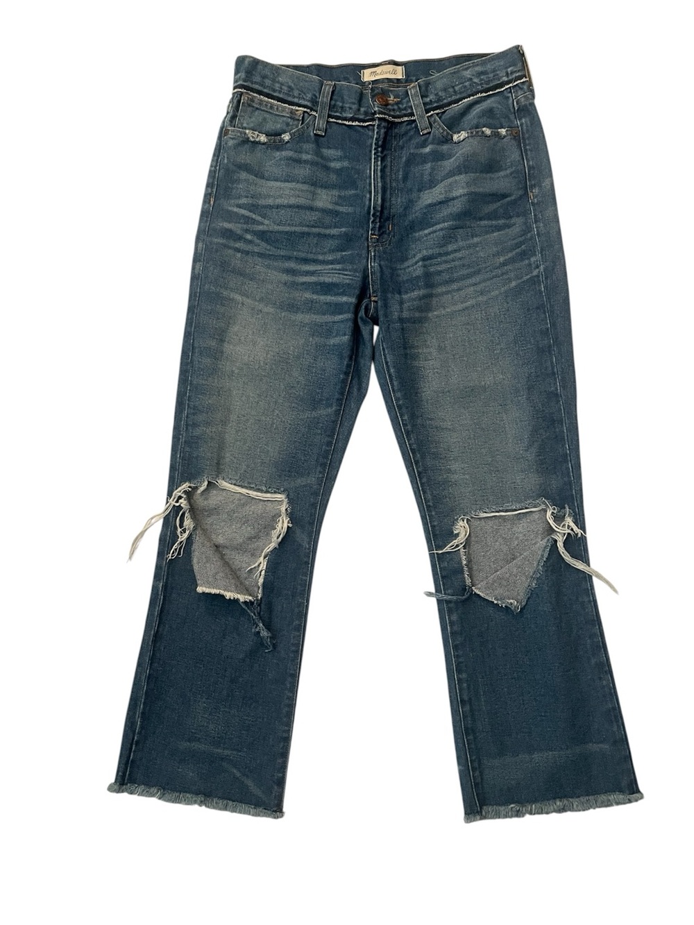 Madewell distressed retro crop bootcut jeans 27 laying flat about 15” across top